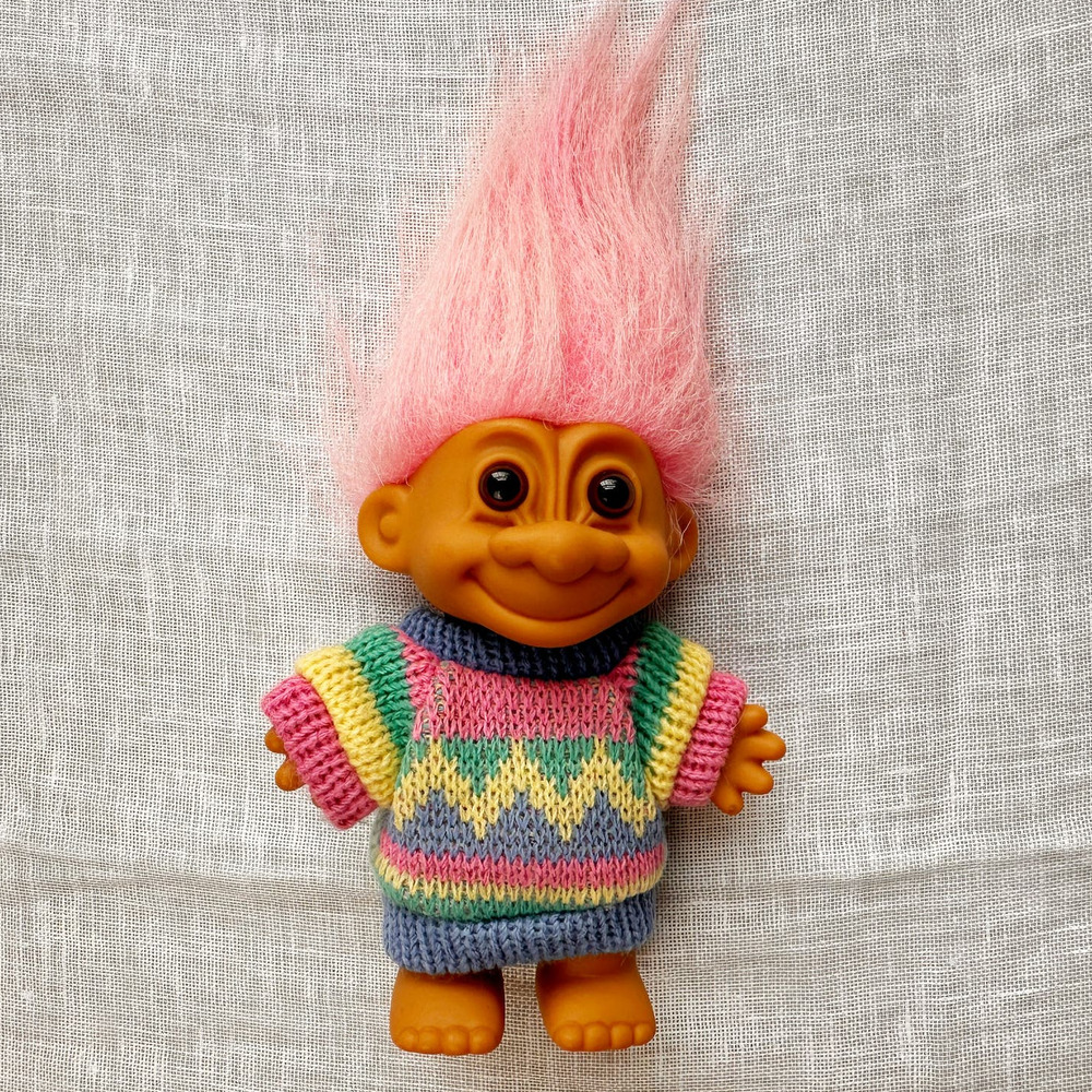 Troll Doll with Pink Hair and Colorful Sweater